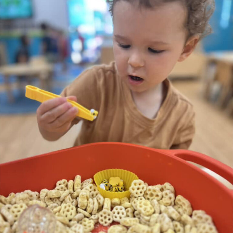 A Preschool student uses tongs to grasp cereal pieces from a basin; a look of awe is on his face.